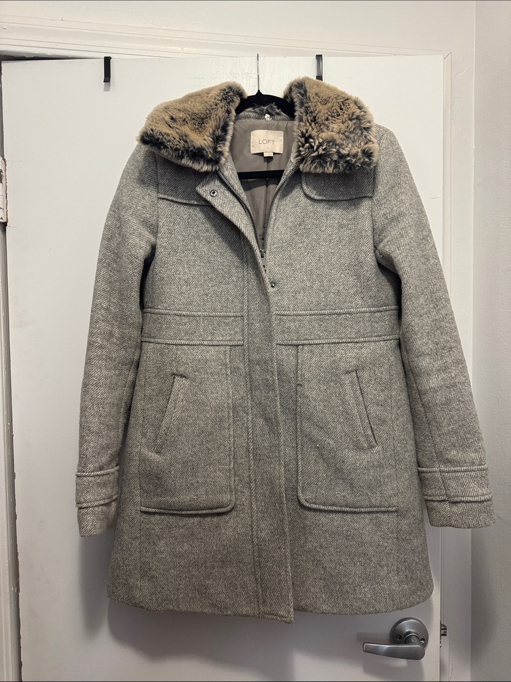 LOFT Gray Wool-Blend Pea Coat with Faux Fur Collar